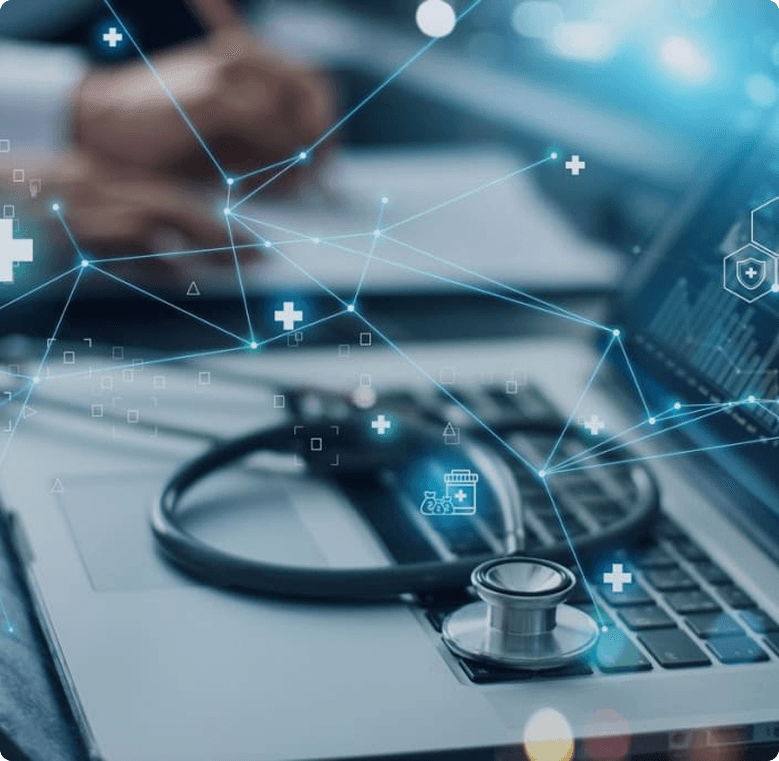 Healthcare professional with stethoscope and digital network