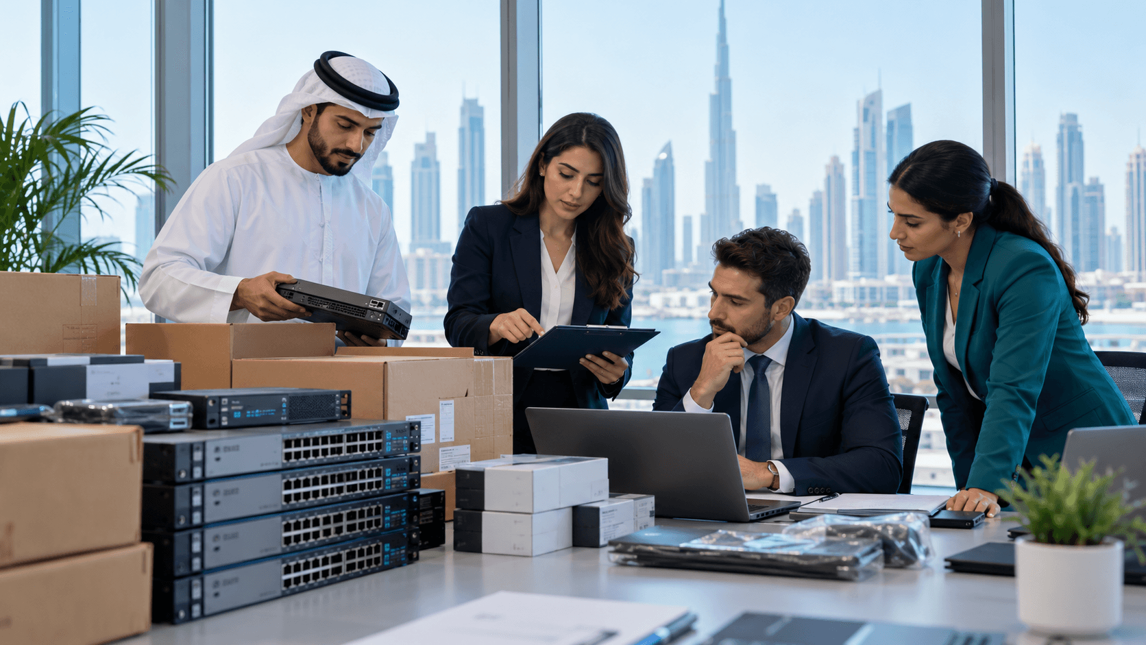 IT and procurement managers reviewing enterprise equipment and deliveries