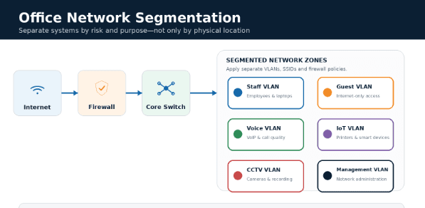 Office network segmentation diagram showing staff, guest, voice, IoT, CCTV and management VLANs