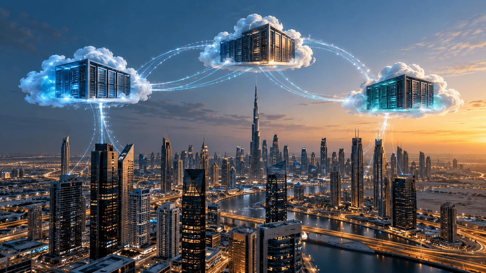 Three connected cloud infrastructure hubs above a UAE business district